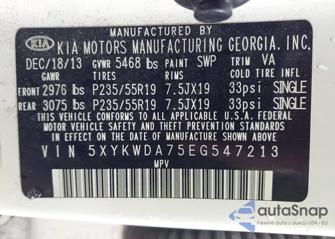 2014 Kia Sorento Sx V6 из США, поврежденный, VIN 5XYKWDA75EG547213